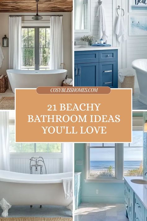 Looking to escape to the beach without leaving home? Check out these 21 beachy bathroom ideas that will transform your space into a coastal retreat! From serene blues and whites to live plants revitalizing your bathroom atmosphere, each design is packed with inspiration. Whether it’s a freestanding bathtub for a spa-like experience or charming beadboard wainscot, these designs help you create a calm and refreshing vibe. Bring the ocean surf and sand to your daily routine and muster that vacation energy right in your home! Explore these ideas now! Beachy Bathroom Ideas, Coastal Chic Bathroom, Coastal Bathroom Ideas, Apartment Ideas Living Room, Beachy Bathroom, Coastal Bathroom, Ocean Surf, Coastal Bathrooms, Freestanding Bathtub