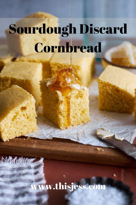 Sourdough Discard Cornbread drizzled with honey. Sourdough Discard Cornbread, Discard Cornbread, Sourdough Cornbread Recipe, Soups And Chilis, Savory Bread Recipe, Einkorn Recipes, Favorite Soups, Sourdough Starter Discard Recipe, Homemade Sourdough Bread