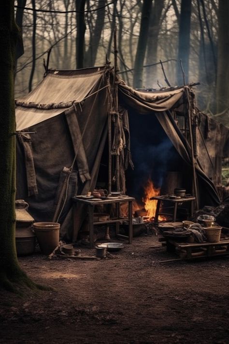 Warrior Camp Aesthetic, Medieval Bandit Aesthetic, Apocalypse Camp Aesthetic, Female Indiana Jones Aesthetic, Training Camp Aesthetic, Medieval Hunter Aesthetic, Fantasy Camp Aesthetic, Summer Camp Buildings, Camping Tent Aesthetic