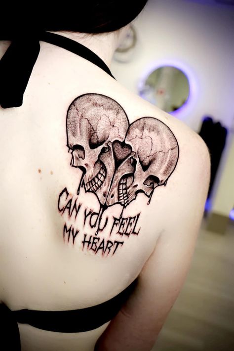 Gothic Love Tattoo, Heart With Words Tattoo, Tattoo Ideas Female Gothic, Matching Goth Tattoos, Goth Matching Tattoos, Goth Tattoo Ideas, Skull Couple Tattoo, Black Flash Tattoos, Emo Tattoos