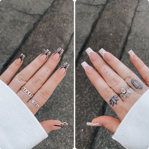 White Spider Web Nails Acrylic, Spider Web Tips Nails, Spider Web Halloween Nails, Spiderweb Nails French Tip, Halloween Nails Spider Web French Tip, Almond Spider Web Nails, Cobweb French Tip Nails, Halloween French Tips Square, White French Tip Halloween Nails