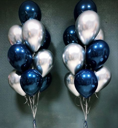 Blue Black And Silver Party Decorations, Blue Balloons Aesthetic, Silver And Blue Decorations, Dark Blue Birthday Theme, Blue And Silver Balloons, Blue And Silver Party, Blue Birthday Themes, 50th Birthday Balloons, Navy Birthday