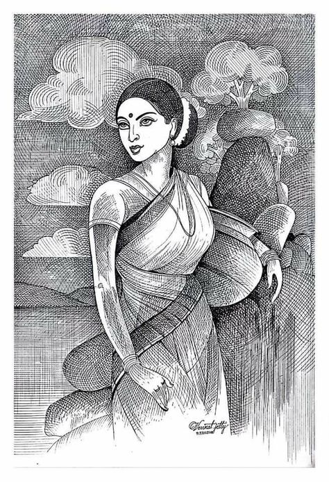 Drawing Composition Ideas Sketch, Pen Art Work Drawings, Senary Drawing, Abstract Pencil Drawings, Pen Art Work, Human Figure Sketches, Nature Art Drawings, Indian Art Gallery, Pen Art Drawings