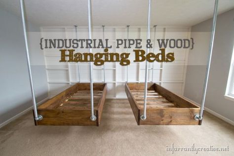 Wall behind bed. Bead board type with 2x4 "frameing over it. Gives look of bare wall but gives lots of small shelving spots. Hanging Bed Diy, Hanging Beds, Hanging Bed, Pipe Furniture, Industrial Wood, Kids Bunk Beds, Industrial Pipe, Style Deco, Diy Bed