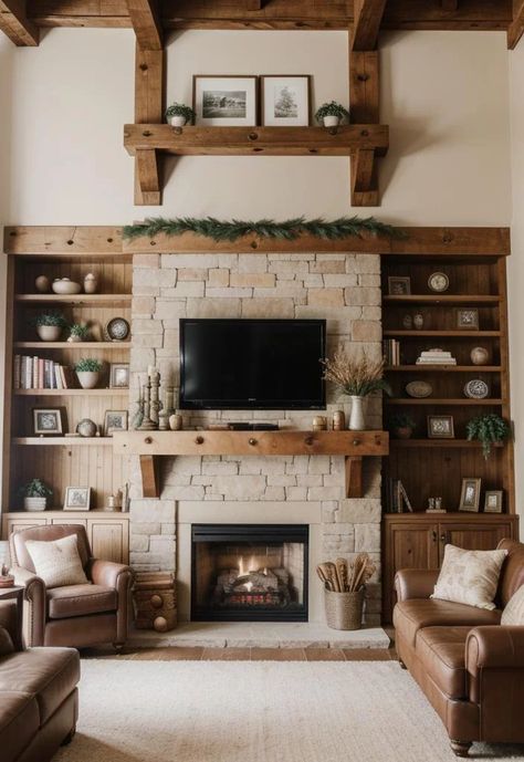 21 Elegant Built-In Shelves Ideas for the Living Room 4 Shelves Around Fireplace, Bookshelf Designs, Built In Around Fireplace, Space Optimization, Recessed Shelves, Fireplace Bookshelves, Built In Shelves Living Room, Living Room Built Ins, Rustic Wooden Shelves