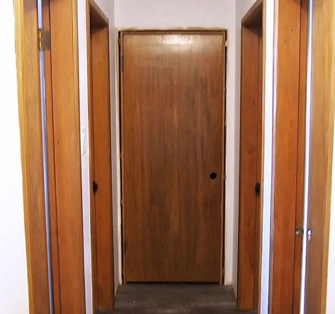 How to make your hollow core door look expensive - THE HOMESTUD Hollow Core Door Makeover Diy, Hollow Door Makeover, Hollow Core Door Makeover, Interior Door Color, Hollow Core Door, Update Doors, Accent Door, Diy Closet Doors, Hallway Door