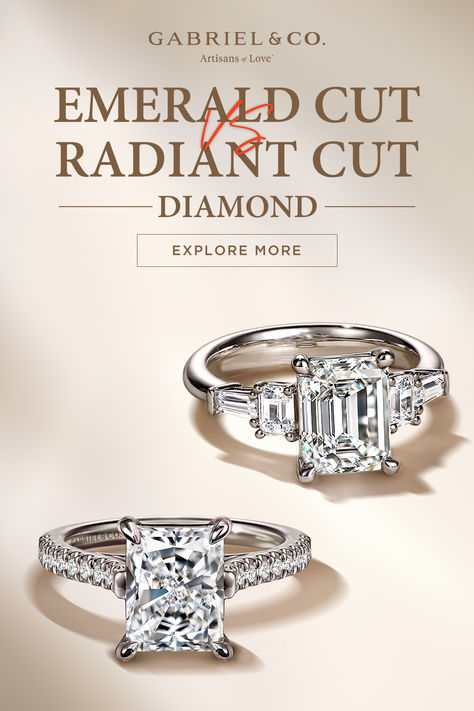 Depending on your personality and your vision for how your engagement ring should look, choose your engagement ring at Gabriel & Co. and be prepared to look like a million bucks. In addition, we offer a selection of fine jewelry featuring emerald-cut and radiant-cut diamonds, which are ideal for special occasions in your life. Radiant Cut Emerald Ring, Radiant Vs Emerald Engagement Rings, Emerald Vs Radiant Diamond, Engagement Ring Stones, Ring Stones, Radiant Cut Rings, Engagement Ring Emerald, Traditional Bride, Ring Emerald