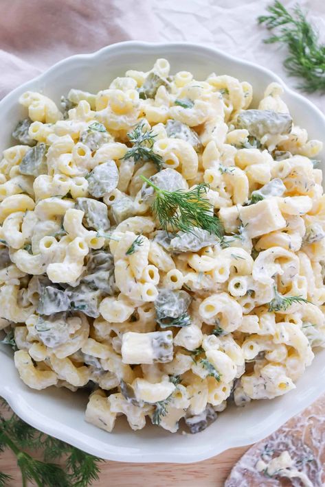 The Best Dill Pickle Pasta Salad Pasta Salad Dill, Pickle Pasta Salad Recipe, Pickle Pasta Salad, Ham And Cheese Pasta, Pickle Pasta, Dill Pickle Pasta Salad, Homemade Pickles Dill, Cauliflower Potatoes Salad, Venison Steak