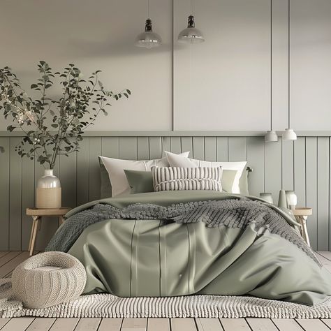 White Cream And Sage Bedroom, Sage Green Wall Color Bedroom, Cream Bedroom With Green Accents, Cream Sage Bedroom, Sage And Silver Bedroom, Pale Sage Green Bedroom, Sage Green Loft Bedroom, Green Grey White Bedroom, Sage Green Neutral Bedroom