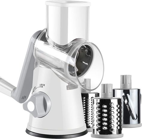 Ancevsk Manual Rotary Kitchen Cheese Grater, Speed Round Mandoline Vegetable Slicer, Safe Food Shredder Nut Grinder with 3 Interchangeable Blades for Potato, Carrot, Garlic, Walnut (White) Cheese Shredder, Cheese Slicer, Mandolin Slicer, Steel Drum, Hash Brown, Vegetable Slicer, Cheese Grater, Safe Cleaning Products, Hand Crank