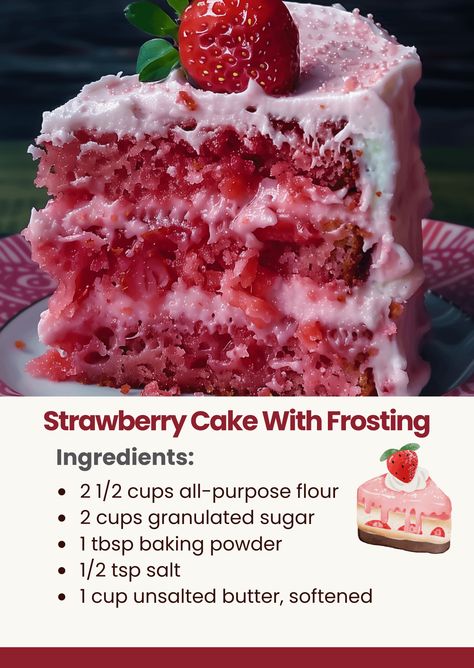 Strawberry Cake With Frosting Strawberry Cake With Strawberry Jam, Strawberry Cream Sponge Cake, Fresh Strawberry Cake From Scratch, Strawberry Butter Cake Recipe, Strawberry Cake With Frosting, Southern Strawberry Cake, Strawberry Cake With Jam, Easy Homemade Strawberry Cake, Strawberry Gooey Butter Cake