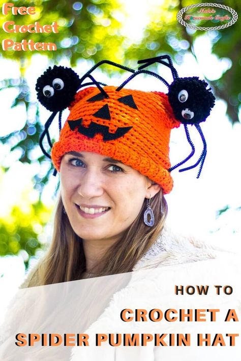 Learn how to crochet a Spider Pumpkin Hat with a Jack-O-Lantern face and 2 spider pom poms on the side top of the hat. Ideal for Halloween as a costume or joke. #halloween #costume #spider #pumpkin #crochethat #pompom #freecrochetpattern #crochet #crochetpattern #crochethat #freecrochet #freepattern #hat #pompom #winter #diyideas #diy #giftideas #fall Halloween Costume Spider, Pumpkin Hat Pattern, Spider Pumpkin, Holiday Crochet Patterns, Different Faces, Halloween Hat, Fall Crochet Patterns, Jack O Lantern Faces, Crochet Christmas Gifts