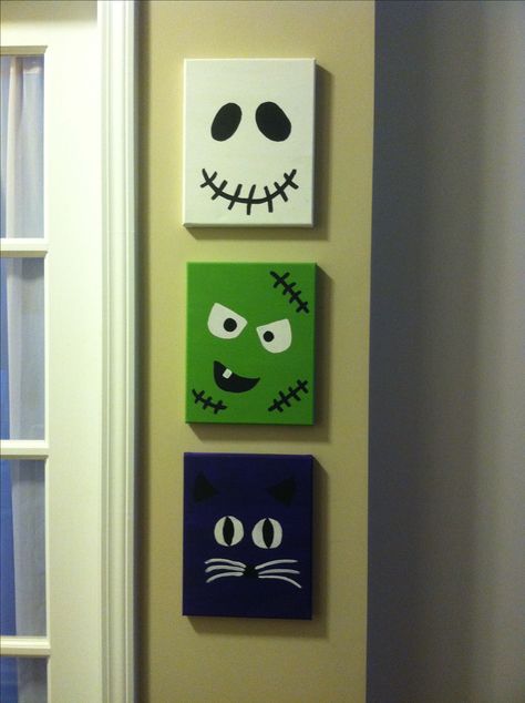 Halloween canvases. Silly spooky faces. Ghost frankenstein cat. Painted canvases. https://www.etsy.com/listing/202390279/set-of-three-halloween-faces-canvases Halloween Craft Ideas For Kids, Diy With Kids, Diy Halloween Dekoration, Halloween Craft Ideas, Halloween Decor Diy, Diy Halloween Decor, Adornos Halloween, Craft Ideas For Kids, Halloween Cake