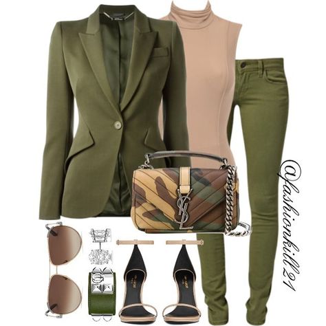 Chic Styles DETAILS: Blazer #Alexandermcqueen Bodysuit #Houseoffcb Jeans #Zalando  Purse/Shoes  #Saintlaurent  Bracelet #Hermes  Glass #Chloe #Styledbyfashionkill21 Olive Blazer Outfit, Olive Green Blazer Outfit, Olive Green Pants Outfit, Green Outfits For Women, Olive Blazer, Blazer Verde, Olive Green Jeans, Olive Green Blazer, Olive Green Pants