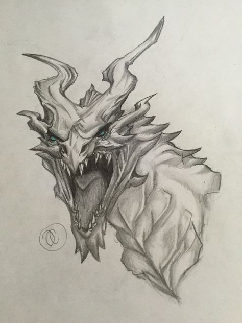 Alduin from Skyrim!!! ( By: @oliviacoulson ) done in pencil but a teal Prismacolor for the eyes. Skyrim Dragon Drawing, Alduin Skyrim Tattoo, Skyrim Anime, Eye Coloring Pages, Skyrim Drawing, Skyrim Tattoo, Draw A Dragon, Dragon Project, Skyrim Dragon