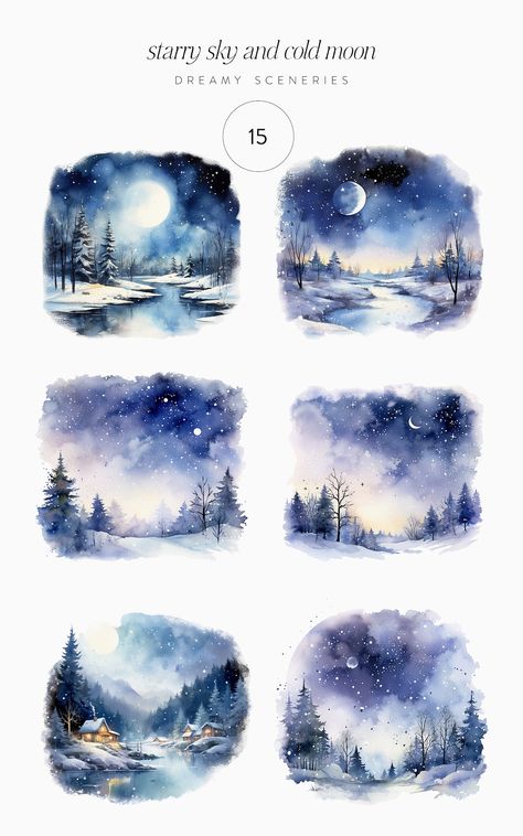 Winter Watercolor Landscape, Christmas Aquarell, Sky Watercolor, Night Scenes, Forest Watercolor, Watercolor Winter, Winter Illustration, Winter Watercolor, Snowy Trees