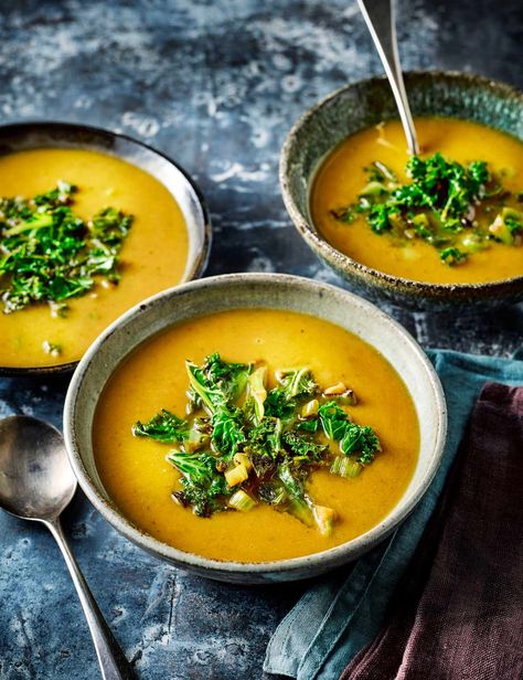 Creamy, wholesome and packed with plenty of umami flavour, this vegan soup is easy to make and low in calories Sweet Potato Soup Recipes, Winter Soup Recipe, Best Soup Recipes, White Miso, Vegan Soup Recipes, Potato Soup Recipe, Veggie Soup, Winter Soups, Sweet Potato Soup