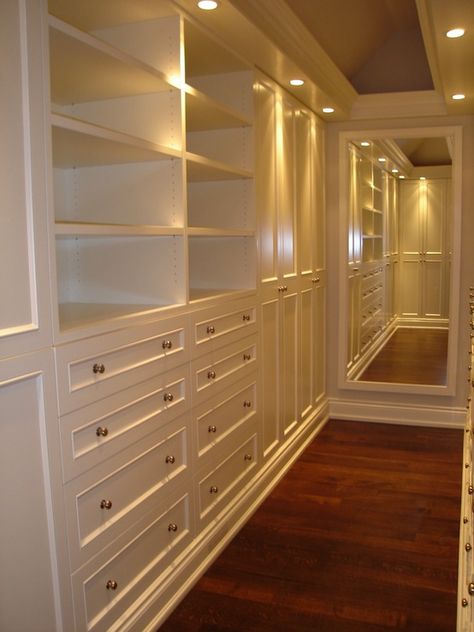 bath designs with walk-in shower and drawers for clothing | ... drawers, shelves, Long, narrow walk-in closet design with creamy white Narrow Walk In Closet, Narrow Closet, Closet Mirror, Walk In Closet Design, Closet Remodel, Closet Organization Diy, Casa Vintage, Dream Closets, غرفة ملابس