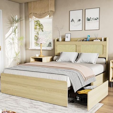 Boho Bed Frame, Wood Bed Frame Queen, Natural Headboard, Rattan Bed Frame, Boho Bed, Headboard Wood, Bed Frame Queen, Rattan Bed, Iron Bed Frame