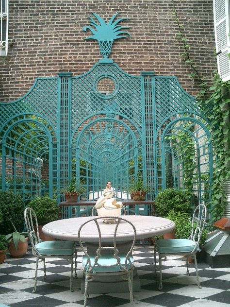 Just fabulous! Miles Red designed the blue treillage with Los Angeles company Accents of France Pergola Wall, Garden Pergola, Big Backyard, Garden Posts, City Garden, Garden Structures, Architectural Features, Outdoor Rooms, Garage Door