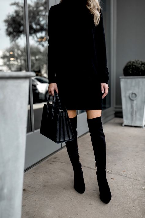 over the knee boots and sweater dress Black Sweater Dress With Boots, Turtleneck Dress Outfit, Elegant Black Knee-high Boots For Winter, Over Knee Boots Outfit, Black Fitted Trendy Sweater Dress, Over The Knee Boot Sweater Dress, Black Knee-length Sweater Dress For Winter, Black Sweater Dress Outfit, Fitted Black Turtleneck Sweater Dress