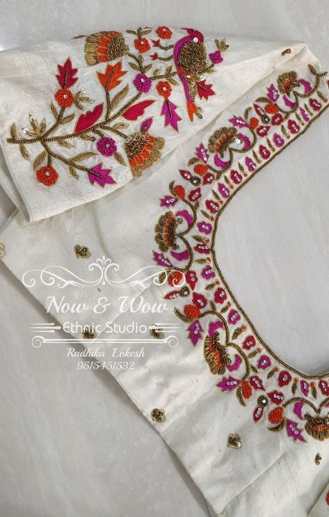 White Blouse Embroidery Designs Silk, Cream Color Blouse Design, White Blouse Work Designs Latest, White Work Blouse, Normal Blouse, Net Blouse, Maggam Work Blouse, Blouse Designs Catalogue, Zardozi Work