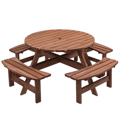 PRICES MAY VARY. Sturdy and Durable - Made of 100% fir, this outdoor wooden picnic table is durable and crack resistant for long-lasting use. Comfortable and Spacious - A large 43.3-inch round table provides a spacious dining area; 4 curved benches can easily and comfortably seat 8 people. Practical and Safe - The wooden picnic table is designed with smooth rounded edges to prevent accidental bumps. The built-in 1.97-inch diameter umbrella hole fits most parasols. Strong Load-bearing Capacity - Outdoor Picnic Table, Round Picnic Table, Picnic Table Bench, Wooden Picnic Tables, Patio Picnic, Table And Bench Set, Bench Set, Outdoor Picnic Tables, Wood Patio