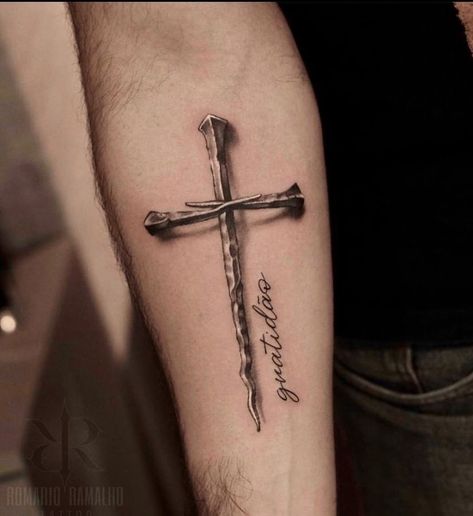 Tattoo Ideas For Men Cross Arm, Cross With Lion Tattoo, Large Christian Tattoos, Realistic Cross Tattoo, Saved Tattoo Christian, Christian Tatoos Idea Men, Three Crosses Tattoo For Men, Men’s Cross Tattoos, Christian Leg Tattoo Men