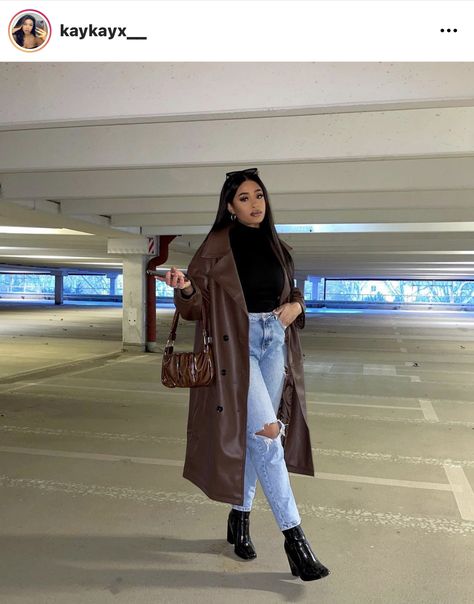 Brown Coat Outfit, Leather Coat Outfit, Brown Leather Jacket Outfit, Cute Leather Jackets, Long Coat Outfit, Shacket Outfit, Leather Jacket Outfit, Winter Coat Outfits, Brown Trench Coat