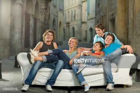 Group photo on orange couch Group Sitting On Couch Reference, Sleeping Couch, Orange Couch, Cozy Couch, Sketches Of People, Environment Art, Pose References, Group Pictures, Group Photo