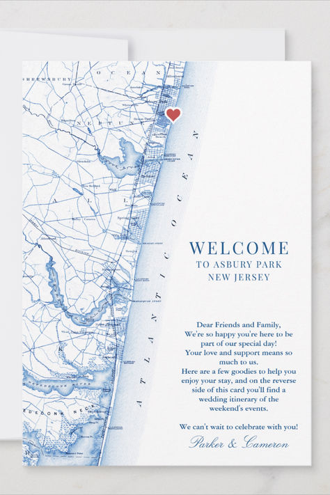 Quick and Easy ordering! Customize these Asbury Park, NJ map wedding welcome and itinerary cards with your wedding welcome message on the front, and your weekend events on the back. This navy blue Jersey Shore map design is the perfect fit whether you're getting married at the English Manor, Tim McLoone's Pier House, or The Berkley. This Jersey Shore map includes Asbury Park, Bradley Beach, Belmar, Spring Lake, Sea Girt, Manasquan, Point Pleasant and Mantoloking. Coastal Wedding Decor, Jersey Shore Wedding, Pier House, Schedule Of Events, Map Wedding, Destination Wedding Welcome Bag, River Wedding, Asbury Park Nj, Wedding Schedule