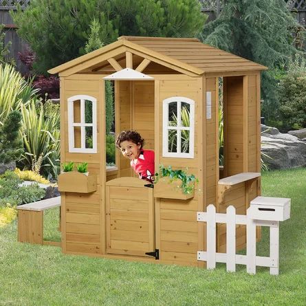 Outsunny Kid 6.69' x 3.52' Outdoor Solid Wood Playhouse | Wayfair Kids Play Garden, Playhouses For Kids Outdoor, Playhouse For Kids, Playhouse Furniture, Kids Playhouse Outdoors, Wood Playhouse, Childrens Playhouse, Outdoor Playhouse, Tree Fort