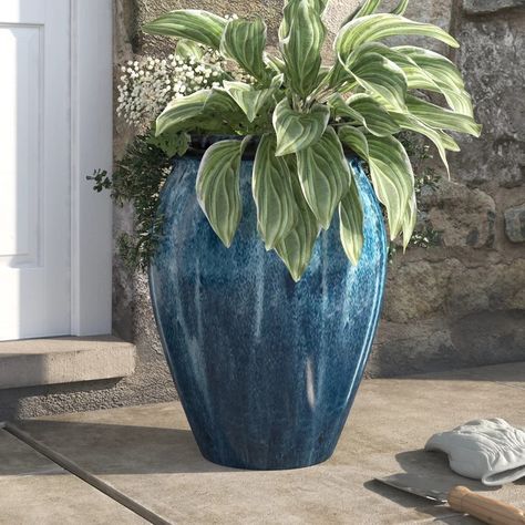 Birch Lane™ Jalissa Ceramic Pot Planter | Wayfair Blue Flower Pots On Front Porch, Flower Pots On Front Porch, Blue Flower Pots, Courtyard Landscaping, Front Stoop, Corten Steel Planters, Blue Planter, Steel Planters, River House