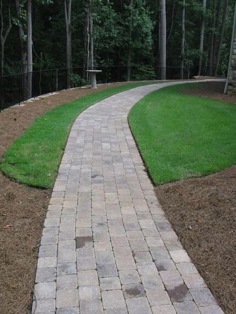 Pavers allow homeowners to customize the look of a yard, such as this curved walkway using pavers by Georgia Landscape. Concrete Pavers Walkway, Pavers Walkway, Sidewalk Landscaping, Pavement Design, Backyard Walkway, Pathway Landscaping, Paver Walkway, Walkways Paths, Paved Patio