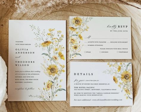 Sunflower Wedding Ideas for Every Season and Style - zoeylouisedesign.com Sage Green And Yellow Wedding Invitation, Yellow Theme Wedding Invitation, Wedding Invitations Templates Free Zazzle, Sun Flower Wedding Invitations, Sunflower Wedding Stationery, Green And Yellow Wedding Invitations, Yellow Wildflower Wedding, Yellow Wedding Invites, Sunflower Invitations Wedding