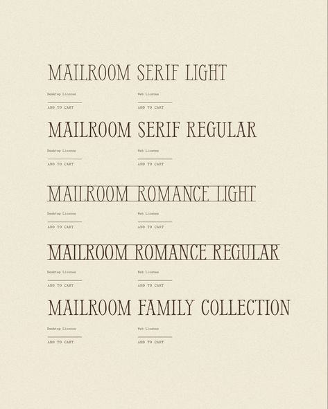 Mailroom Serif is a display typeface drafted entirely by hand for a polished yet tactile aesthetic. It is available in 4 unique styles inspired by the early 1900s, wartime, roman numerals, and old-fashioned newsprint. Delicate, romantic, old-fashioned, nostalgic and gritty. Styles include Light, Regular, Romance, and Romance Light. Desktop (otf) and Web (woff) licenses. Designed and developed by Old City Mailroom. Handwritten Font, Old City Mailroom, Old Style Typography, Modern Vintage Font, Display Fonts, 1930s Font, Old Typewriter Font, Old Style Serif Fonts, Victorian Typeface