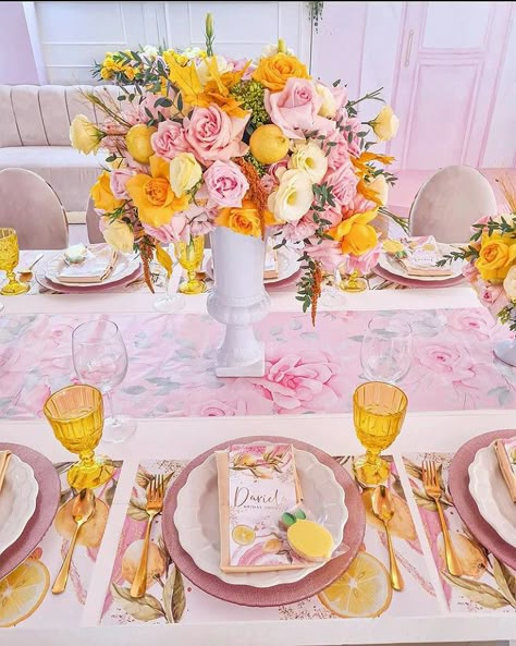 Yellow And Pink Bridal Shower Ideas, Pink Lemonade Baby Shower Ideas, Tea Party Ideas Food, Christmas Hosting Ideas, Birthday Tablescape, Yellow Themed Wedding, Italian Baby Showers, Christmas Hosting, Pink Party Theme