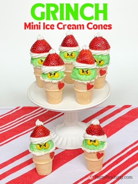 grinch food, grinch treats, grinch party ideas, grinch snacks, grinch movie dessert, grinch mini ice cream cones, cute grinch food, the grinch who stole christmas movie, christmas family movie night snacks, green grinch food, easy grinch food ideas, best easy grinch food dessert treat snack recipe ideas for kids movie night Green Christmas Food Ideas, Grinch Desert Ideas, The Grinch Recipes, Grinch Afternoon Tea, Easy Christmas Food Ideas Snacks, Holiday Themed Treats, Grinch Ice Cream Cone Cupcakes, Whoville Desserts, Grinch Desserts For Kids