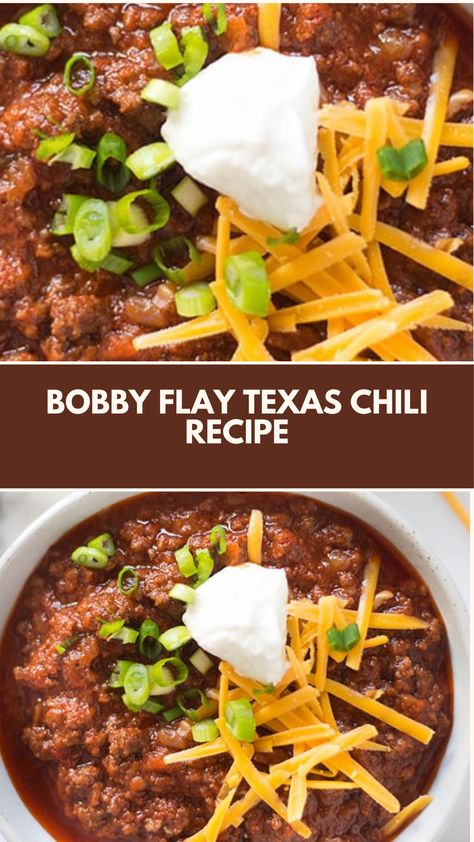 This delicious Texas chili by Bobby Flay is a hearty, flavorful dish perfect for any chilly evening. With tender beef, a spicy kick, and rich, smoky flavors, it’s a comforting meal that’s easy to make with pantry staples. Enjoy it plain or with your favorite toppings for a customizable, crowd-pleasing bowl of warmth. Texas Chili Parlor Recipe, Bobby Flay Chili Recipe, Texas Dinner Recipes, Bobby Flay Chili, Best Chilli Con Carne, Texas Chili Recipe, Bobby Flay Recipes, Beef Chili Recipe, Texas Chili