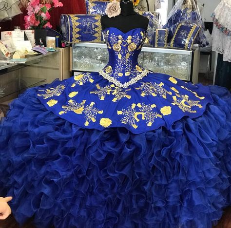 Quince Charro Dresses, Mariachi Quinceanera Dress, Pink Ball Gowns, Royal Blue Quince, Royal Blue Quinceanera, Vestido Charro, Mexican Quinceanera Dresses, Quinceanera Themes Dresses, Charro Quinceanera Dresses