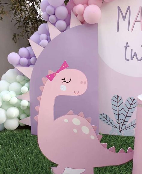 Cute Dino Decor, Pastel Dino Party, Girl Dinasour Birthday Party Ideas, Purple Dinosaur Party, Gender Reveal Dinosaur Theme, Dinosaur Birthday Party For A Girl, Girly Dinosaur Party Decorations, Pink Dino Party, Girly Dinosaur Birthday Party