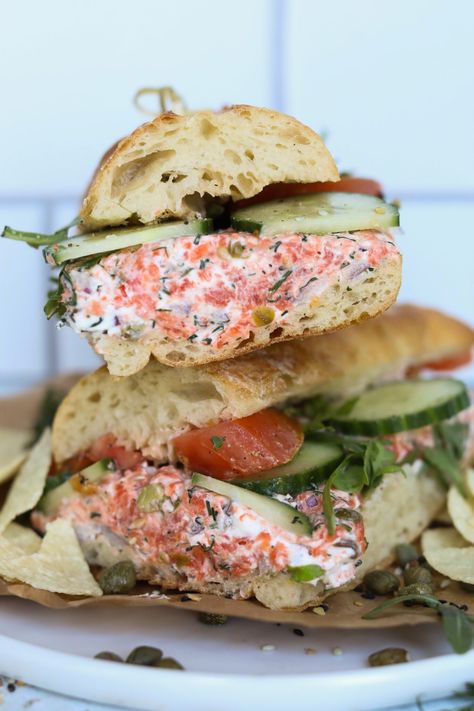 Chopped Smoked Salmon Sandwich - Seasoned to Taste Chicken Lasagna Rolls, Smoked Salmon Spread, Smoked Salmon Sandwich, Salmon Spread, Salmon Sandwich, Lump Crab, Chicken Lasagna, Sandwich Ingredients, Ciabatta Bread