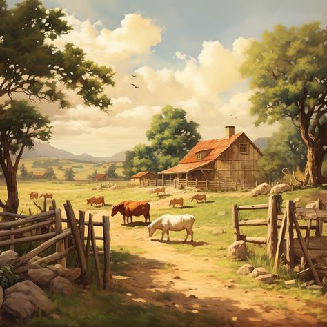 Sheep Grazing, Farm Village, Farm Paintings, Sheep Farm, Farm Art, Pretty Landscapes, Beautiful Painting, Autumn Painting, Art Landscape