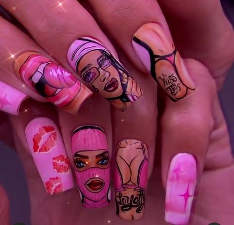 Ski Mask Nails, Bratz Doll Nails Design, Brats Nail Design, Graffiti Nails Design, Graffiti Nails Acrylic, Bratz Nails Art, Bratz Nails Acrylic, Bratz Nails Design, Cute And Easy Nails