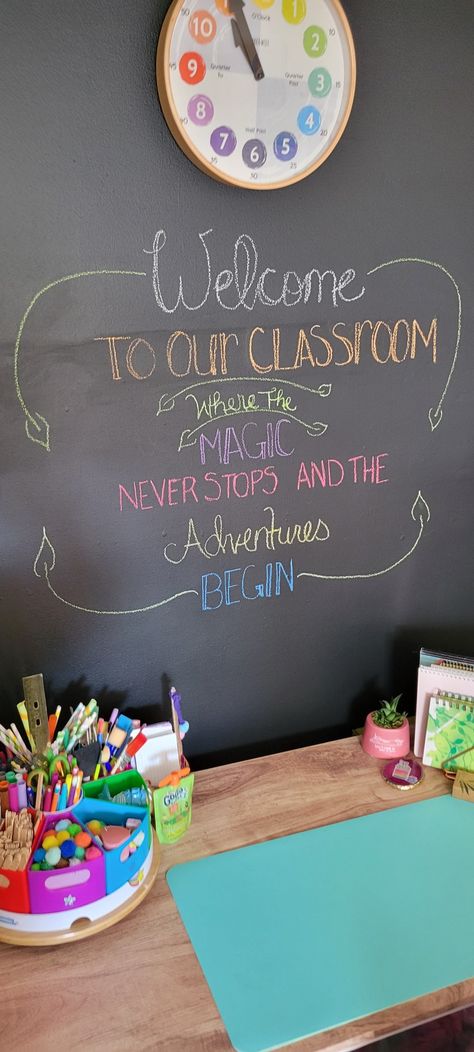 Chalkboard wall, homeschool, classroom, chalk, chalkboard, learning, decor, stylish Chalkboard Wall Classroom, Homeschool Chalkboard Ideas, Homeschool Room Chalkboard, Chalk Board Walls Kids, Chalk Wall Calendar, Chalkboard Wall Homeschool, Diy Chalkboard Wall, Landing Space, Messy Art