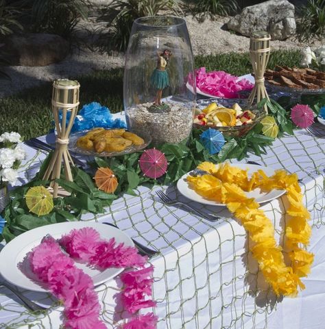 17 Best ideas about Luau Table Decorations on Pinterest | Luau party  centerpieces, Luau decorations and Luau centerpieces Luau Table Decor, Luau Table Centerpieces, Aloha Decorations, Luau Brunch, Luau Party Ideas For Adults, Luau Party Centerpieces, Luau Picnic, Nautical Tablescapes, Tropical Party Backdrop