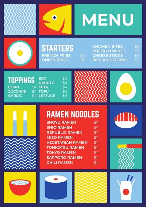 Grid Colorful Ramen & Noodles Menu Noodle Menu Design, Chili Ramen, Noodles Menu, Shio Ramen, Vegetarian Ramen, Shoyu Ramen, Tonkotsu Ramen, Ramen Shop, Cheese Sticks