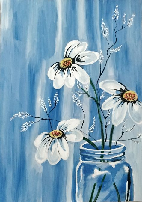 Flower In Jar Painting, Jar Of Flowers Drawing, Painted Caravan, Doodle Watercolor, Thistles Art, Painting Glass Jars, Painting Night, Tabletop Easel, Acrylic Painting Diy