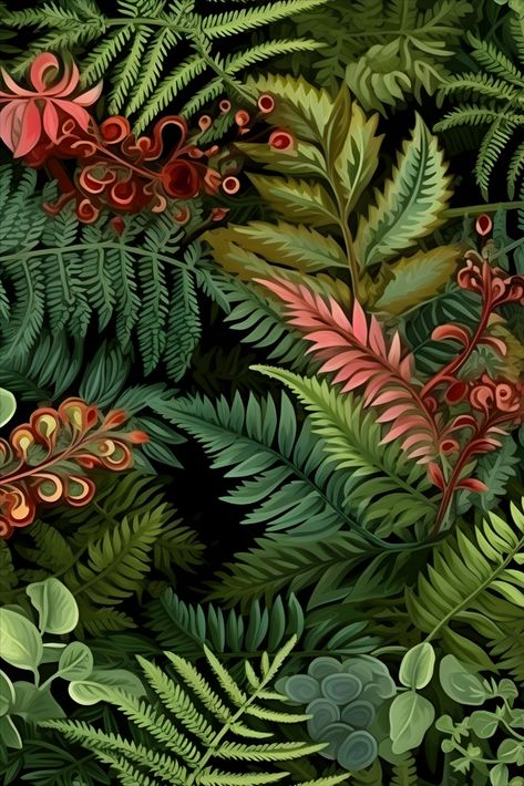 green and red ferns illustration Green Pattern Wallpaper, Forest Green Pattern, Design For Wallpaper, Forest Junk Journal, Fern Forest, Decoupage Papers, Fern Pattern, Seamless Paper, Green Witch