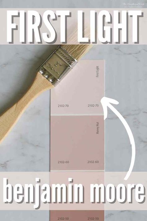 :two_hearts: Benjamin Moore First Light is a pale pink paint color with hint of gray. Explore BM 2102-70’s undertones, color pairings, + see 15 home pics! :point_right: https://heatherednest.com/benjamin-moore-first-light/ #paint #paintreview #pink #paintcolor #benjaminmoore #home #homedecor Lowes Paint Colors Pink, Benjamin Moore First Light Color Palette, Benjamin Moore Pink Accent Wall, Best Mauve Paint Colors Benjamin Moore, Organdy Benjamin Moore, Ballet Pink Walls, Benjamin Moore Romantic Pink, Benjamin Moore Pink Peony, Faint Pink Paint Color